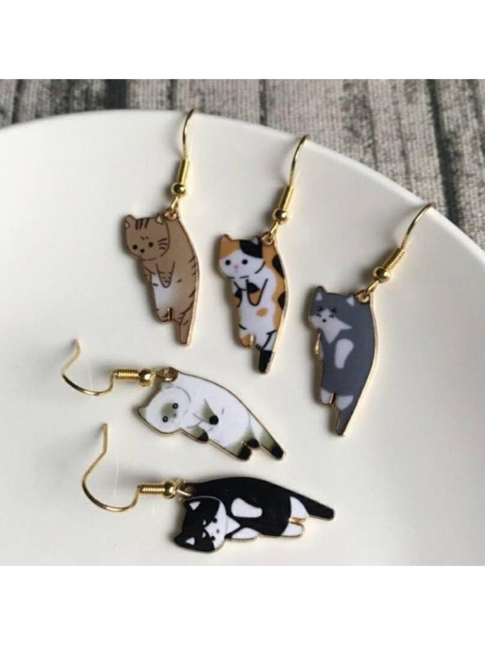 5 Pairs Hanging Cat Earrings tan black white orange kitty tabby calico gray